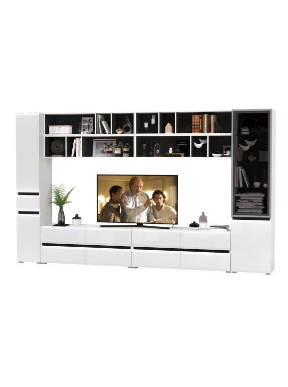 Сидней Комплектация № 099, цвет корпус: белый/чёрный/фасады: МДФ белый глянец, ШхГхВ 345х41,3х205,2 см., универсальная сборка