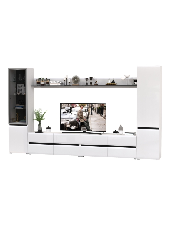 Сидней Комплектация № 104, цвет корпус: белый/чёрный/фасады: МДФ белый глянец, ШхГхВ 359,8х41,3х205,2 см., универсальная сборка