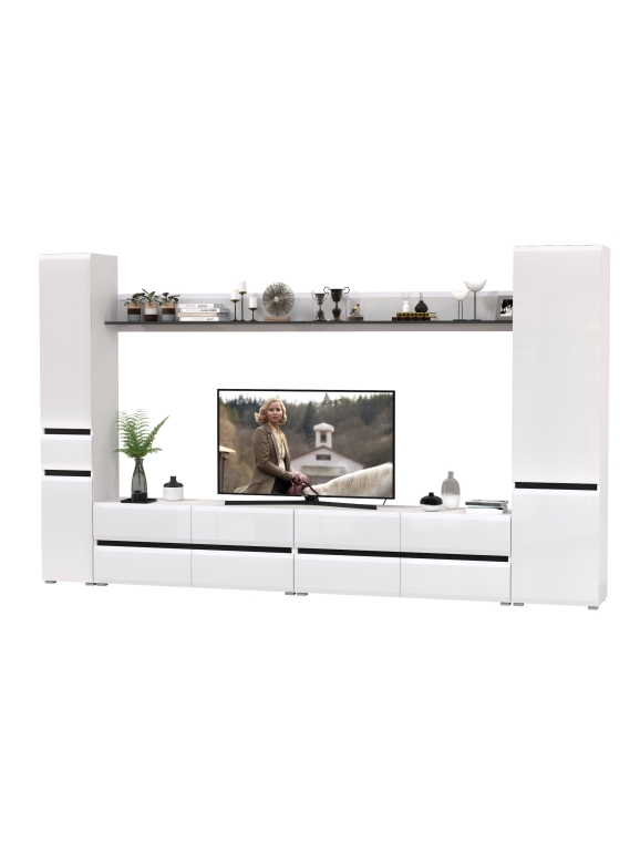 Сидней Комплектация № 107, цвет корпус: белый/чёрный/фасады: МДФ белый глянец, ШхГхВ 344,8х41,3х205,2 см., универсальная сборка