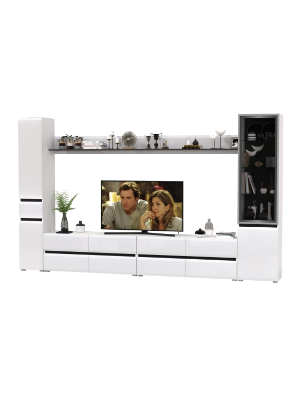 Сидней Комплектация № 108, цвет корпус: белый/чёрный/фасады: МДФ белый глянец, ШхГхВ 344,8х41,3х205,2 см., универсальная сборка