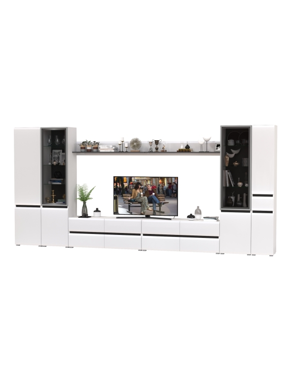 Сидней Комплектация № 112, цвет корпус: белый/чёрный/фасады: МДФ белый глянец, ШхГхВ 444,8х41,3х205,2 см., универсальная сборка