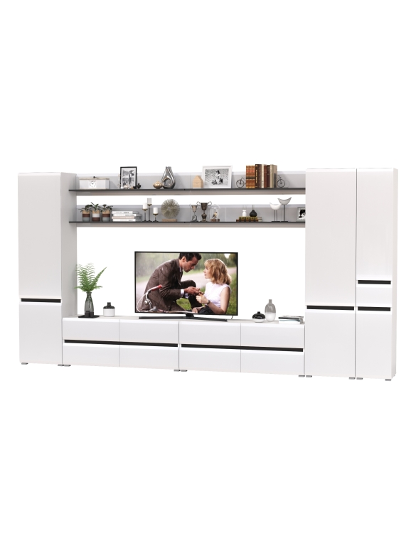 Сидней Комплектация № 117, цвет корпус: белый/чёрный/фасады: МДФ белый глянец, ШхГхВ 394,8х41,3х205,2 см., универсальная сборка