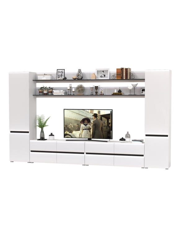 Сидней Комплектация № 121, цвет корпус: белый/чёрный/фасады: МДФ белый глянец, ШхГхВ 359,8х41,3х205,2 см., универсальная сборка