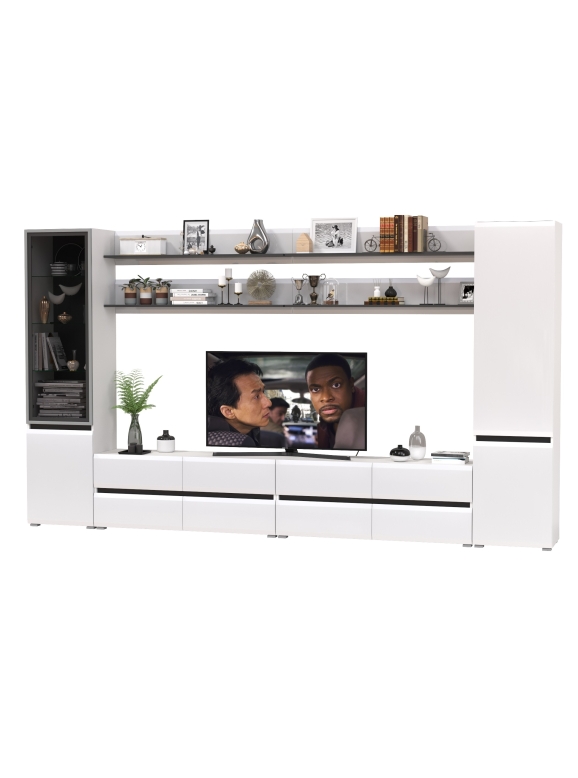 Сидней Комплектация № 123, цвет корпус: белый/чёрный/фасады: МДФ белый глянец, ШхГхВ 359,8х41,3х205,2 см., универсальная сборка