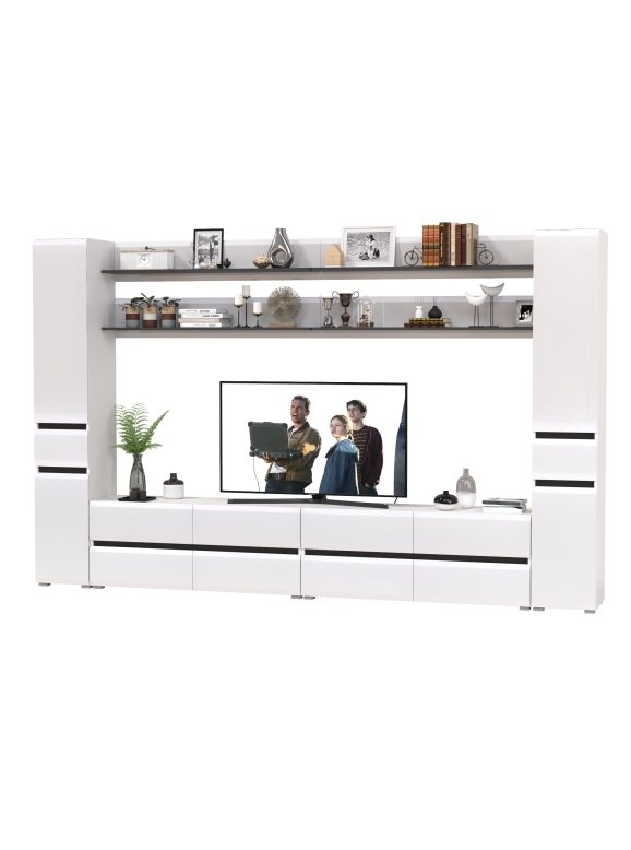 Сидней Комплектация № 124, цвет корпус: белый/чёрный/фасады: МДФ белый глянец, ШхГхВ 329,8х41,3х205,2 см., универсальная сборка