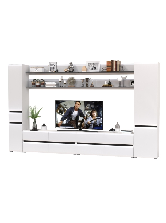 Сидней Комплектация № 125, цвет корпус: белый/чёрный/фасады: МДФ белый глянец, ШхГхВ 344,8х41,3х205,2 см., универсальная сборка