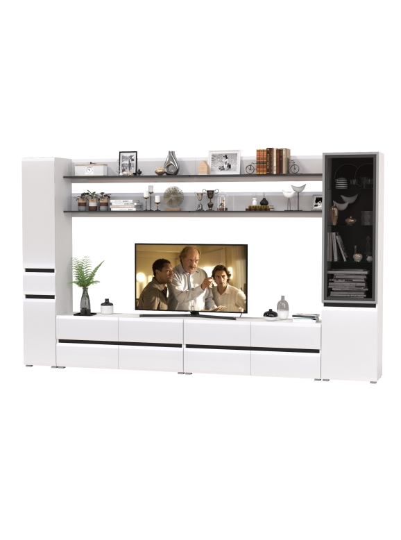 Сидней Комплектация № 126, цвет корпус: белый/чёрный/фасады: МДФ белый глянец, ШхГхВ 344,8х41,3х205,2 см., универсальная сборка