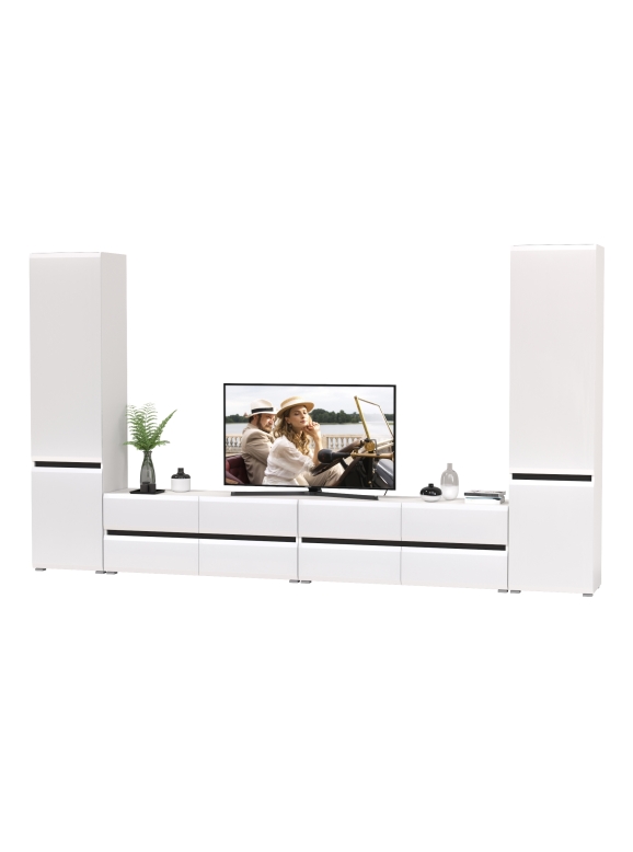 Сидней Комплектация № 128, цвет корпус: белый/чёрный/фасады: МДФ белый глянец, ШхГхВ 359,8х41,3х205,2 см., универсальня сборка