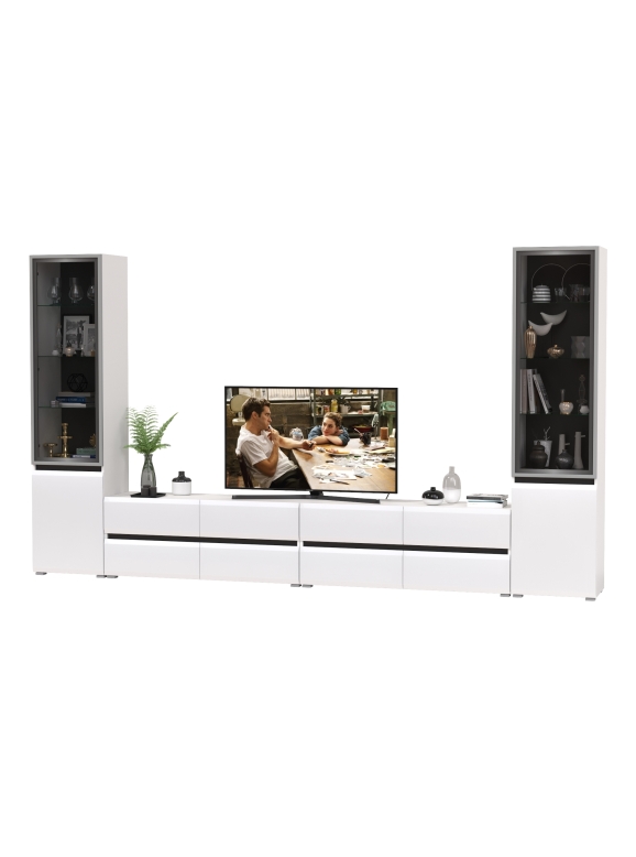 Сидней Комплектация № 130, цвет корпус: белый/чёрный/фасады: МДФ белый глянец, ШхГхВ 359,8х41,3х205,2 см., универсальня сборка