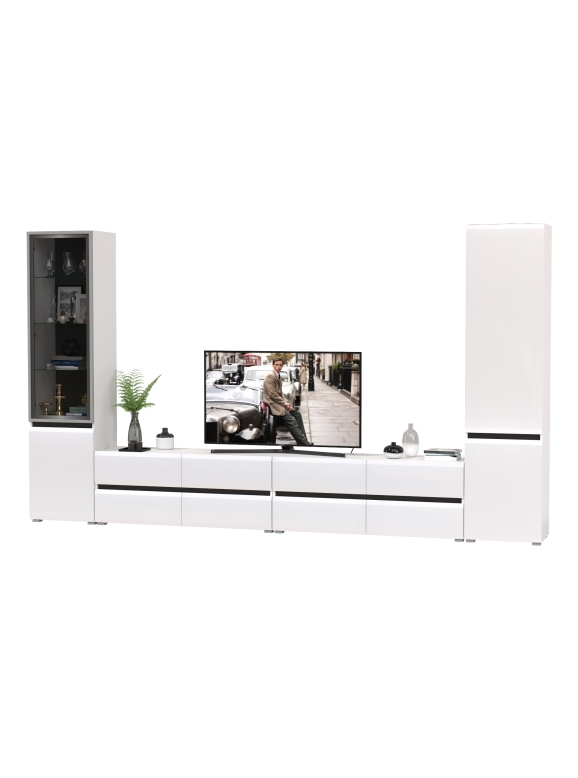 Сидней Комплектация № 131, цвет корпус: белый/чёрный/фасады: МДФ белый глянец, ШхГхВ 359,8х41,3х205,2 см., универсальня сборка