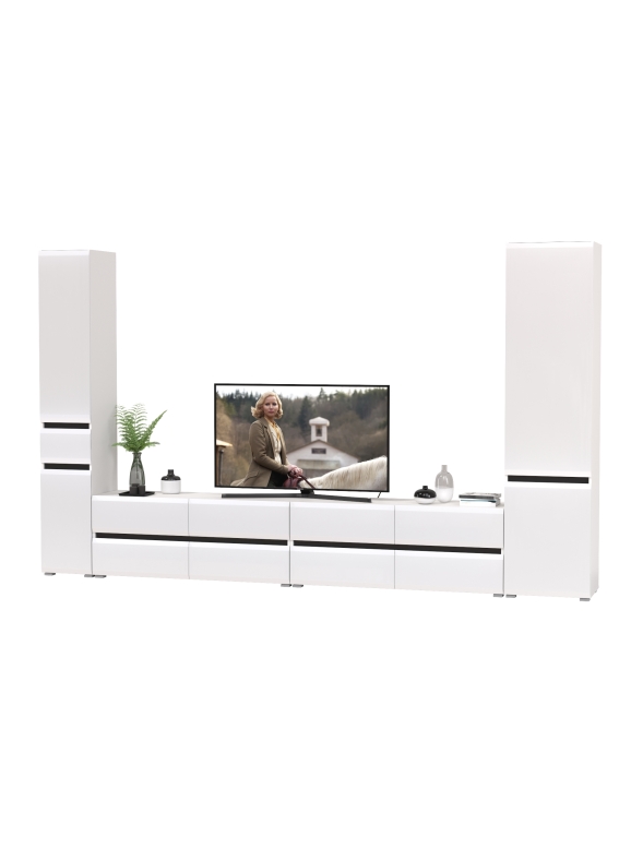 Сидней Комплектация № 134, цвет корпус: белый/чёрный/фасады: МДФ белый глянец, ШхГхВ 344,8х41,3х205,2 см., универсальня сборка