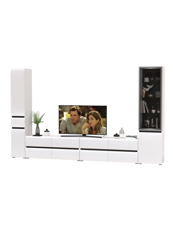 Сидней Комплектация № 135, цвет корпус: белый/чёрный/фасады: МДФ белый глянец, ШхГхВ 344,8х41,3х205,2 см., универсальня сборка