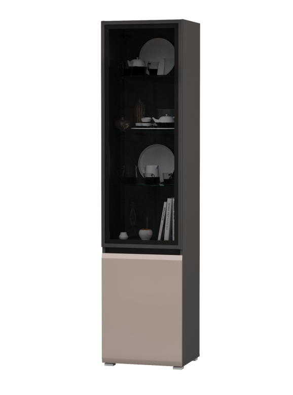 Сидней 13.201 Шкаф-витрина, цвет корпус антрацит/фасады МДФ веллюто капучино/прозрачное стекло с серой тонировкой, ШхГхВ 50х41,3х205,2 см., ун. сб.