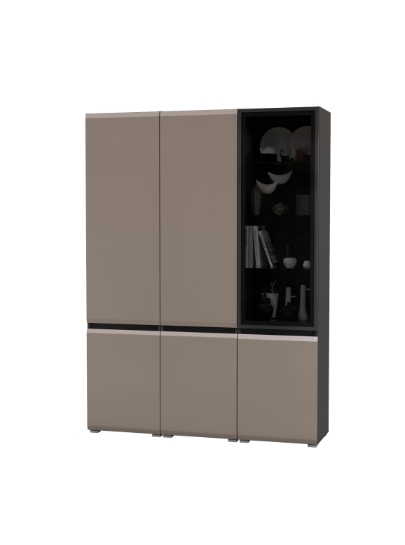 Сидней 13.200 Шкаф 2 штуки + Шкаф-витрина 13.201, цвет корпус: антрацит/фасады: МДФ веллюто капучино/стекло, ШхГхВ 150х41,3х205,2 см., универс. сб.
