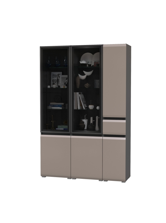 Сидней 13.201 Шкаф-витрина 2 штуки + Шкаф с ящиком 13.202, цвет корпус: антрацит/фасады: МДФ веллюто капучино/стекло, ШхГхВ 135х41,3х205,2 см., ун. сб
