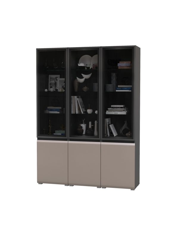 Сидней 13.201 Шкаф-витрина 3 штуки, цвет корпус: антрацит/фасады: МДФ веллюто капучино/прозр. стекло с серой тонир., ШхГхВ 150х41,3х205,2 см., ун. сб.