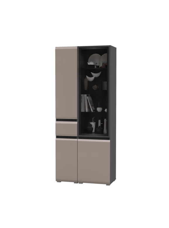 Сидней 13.202 Шкаф с ящиком + Шкаф-витрина 13.201, цвет корпус: антрацит/фасады: МДФ веллюто капучино/стекло, ШхГхВ 85х41,3х205,2 см., универс. сборка