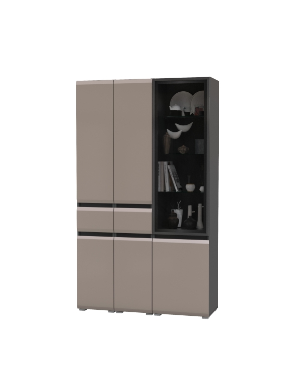 Сидней 13.202 Шкаф с ящиком 2 штуки + Шкаф-витрина 13.201, цвет корпус: антрацит/фасады: МДФ веллюто капучино/стекло, ШхГхВ 120х41,3х205,2 см., ун. сб