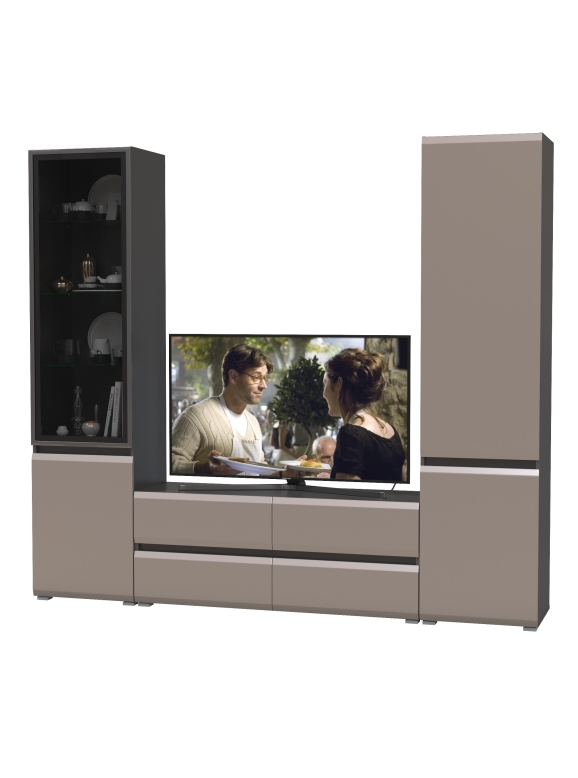 Сидней Комплектация № 013, цвет корпус: антрацит/фасады: МДФ веллюто капучино, ШхГхВ 229,9х41,3х205,2 см., ниша для ТВ 129х41х100 см., универс. сборка