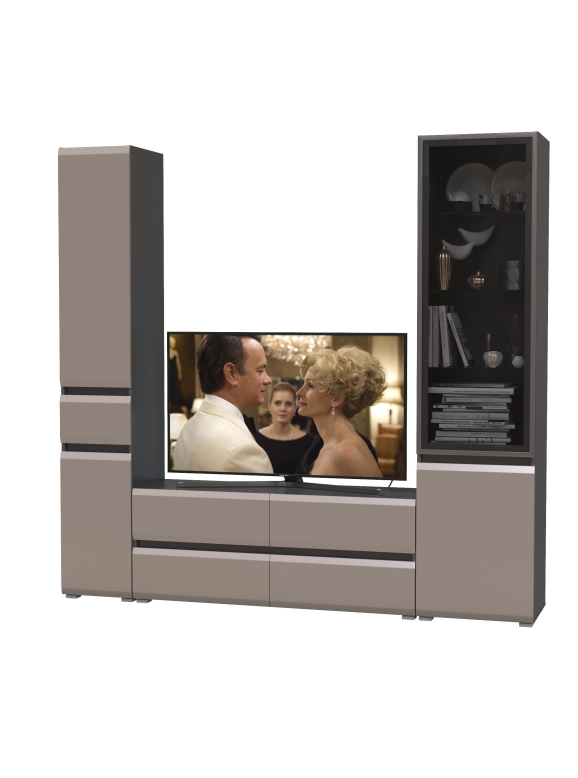 Сидней Комплектация № 024, цвет корпус: антрацит/фасады: МДФ веллюто капучино, ШхГхВ 214,9х41,3х205,2 см., ниша для ТВ 129х41х100 см., универс. сборка