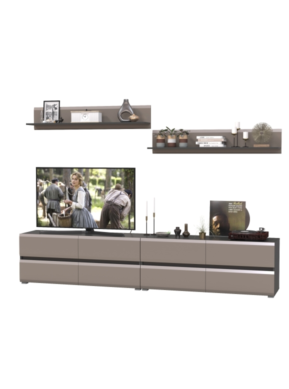 Сидней Комплектация № 044, цвет корпус: антрацит/фасады: МДФ веллюто капучино, ШхГхВ 260х41,3х200 см., ниша для ТВ 130х41х100 см., универс. сборка