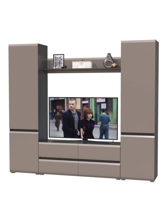 Сидней Комплектация № 047, цвет корпус: антрацит/фасады: МДФ веллюто капучино, ШхГхВ 229,9х41,3х205,2 см., ниша для ТВ 129х41х98 см., универс. сборка