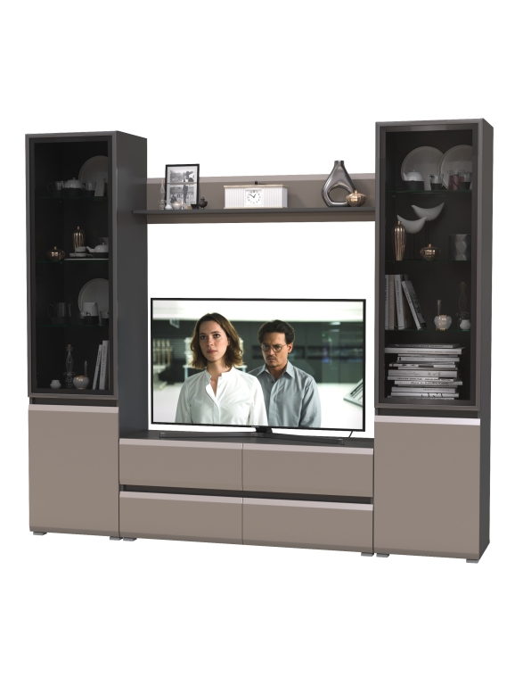 Сидней Комплектация № 049, цвет корпус: антрацит/фасады: МДФ веллюто капучино, ШхГхВ 229,9х41,3х205,2 см., ниша для ТВ 129х41х98 см., универс. сборка