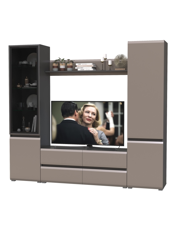 Сидней Комплектация № 050, цвет корпус: антрацит/фасады: МДФ веллюто капучино, ШхГхВ 229,9х41,3х205,2 см., ниша для ТВ 129х41х98 см., универс. сборка