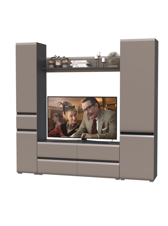 Сидней Комплектация № 053, цвет корпус: антрацит/фасады: МДФ веллюто капучино, ШхГхВ 214,9х41,3х205,2 см., ниша для ТВ 129х41х98 см., универс. сборка