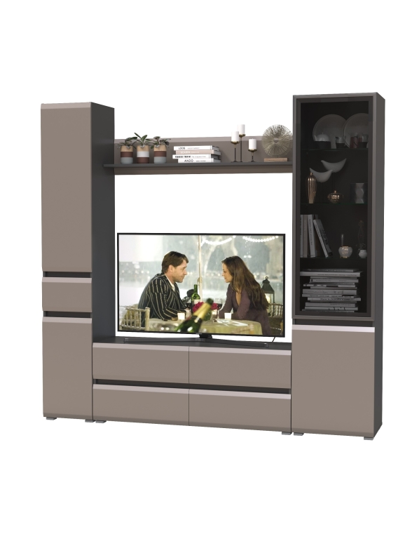 Сидней Комплектация № 054, цвет корпус: антрацит/фасады: МДФ веллюто капучино, ШхГхВ 214,9х41,3х205,2 см., ниша для ТВ 129х41х98 см., универс. сборка