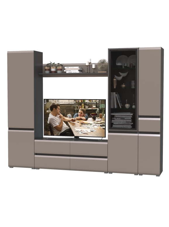 Сидней Комплектация № 055, цвет корпус: антрацит/фасады: МДФ веллюто капучино, ШхГхВ 264,9х41,3х205,2 см., ниша для ТВ 129х41х98 см., универс. сборка