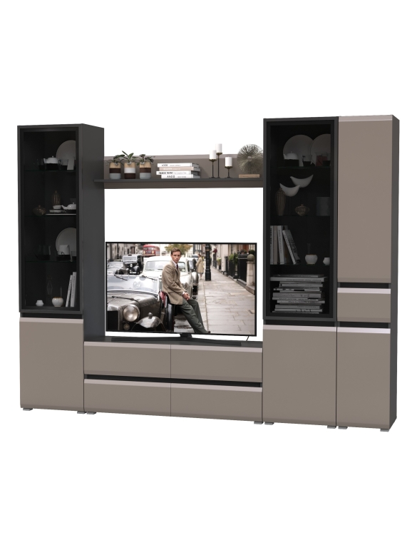 Сидней Комплектация № 056, цвет корпус: антрацит/фасады: МДФ веллюто капучино, ШхГхВ 264,9х41,3х205,2 см., ниша для ТВ 129х41х98 см., универс. сборка