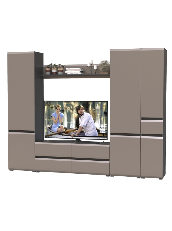 Сидней Комплектация № 057, цвет корпус: антрацит/фасады: МДФ веллюто капучино, ШхГхВ 264,9х41,3х205,2 см., ниша для ТВ 129х41х98 см., универс. сборка