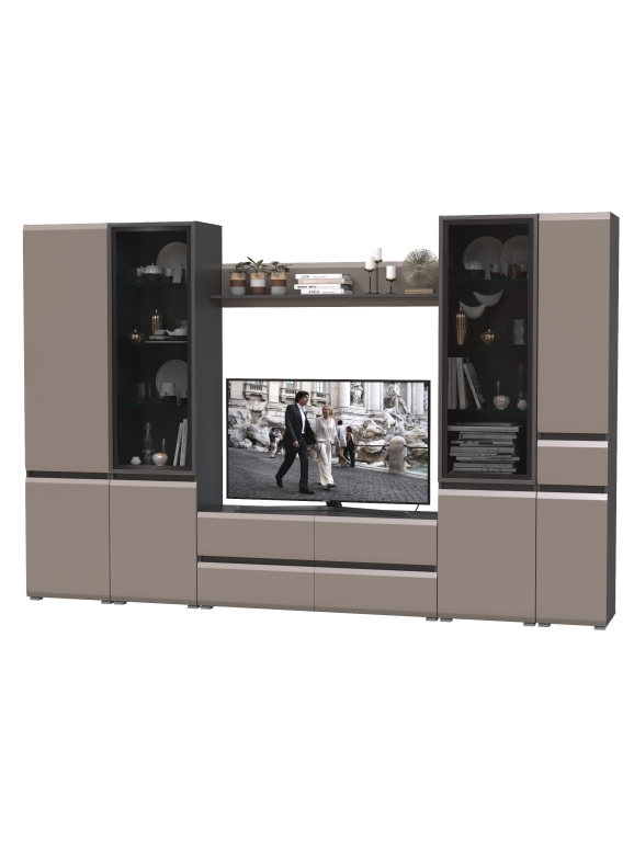 Сидней Комплектация № 058, цвет корпус: антрацит/фасады: МДФ веллюто капучино, ШхГхВ 314,9х41,3х205,2 см., ниша для ТВ 129х41х98 см., универс. сборка