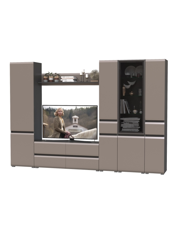 Сидней Комплектация № 059, цвет корпус: антрацит/фасады: МДФ веллюто капучино, ШхГхВ 299,9х41,3х205,2 см., ниша для ТВ 129х41х98 см., универс. сборка