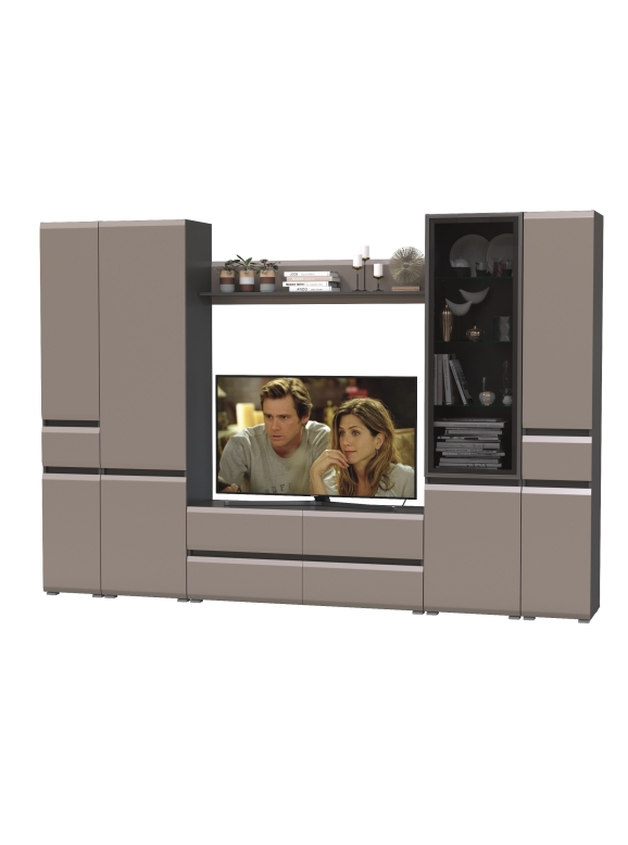 Сидней Комплектация № 060, цвет корпус: антрацит/фасады: МДФ веллюто капучино, ШхГхВ 299,9х41,3х205,2 см., ниша для ТВ 129х41х98 см., универс. сборка