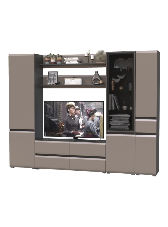 Сидней Комплектация № 061, цвет корпус: антрацит/фасады: МДФ веллюто капучино, ШхГхВ 264,9х41,3х205,2 см., ниша для ТВ 129х41х90 см., универс. сборка