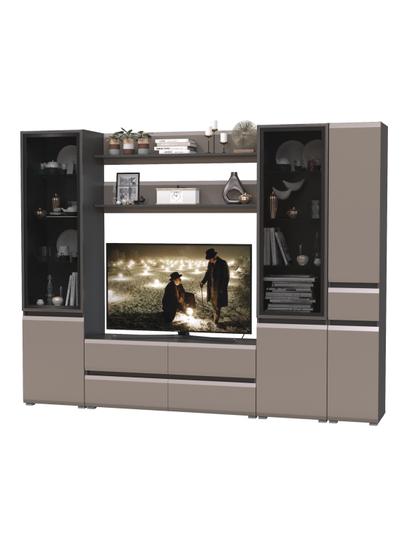 Сидней Комплектация № 062, цвет корпус: антрацит/фасады: МДФ веллюто капучино, ШхГхВ 264,9х41,3х205,2 см., ниша для ТВ 129х41х90 см., универс. сборка