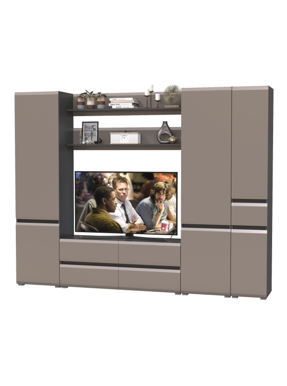 Сидней Комплектация № 063, цвет корпус: антрацит/фасады: МДФ веллюто капучино, ШхГхВ 264,9х41,3х205,2 см., ниша для ТВ 129х41х90 см., универс. сборка