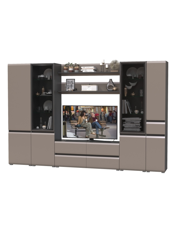 Сидней Комплектация № 064, цвет корпус: антрацит/фасады: МДФ веллюто капучино, ШхГхВ 314,9х41,3х205,2 см., ниша для ТВ 129х41х90 см., универс. сборка