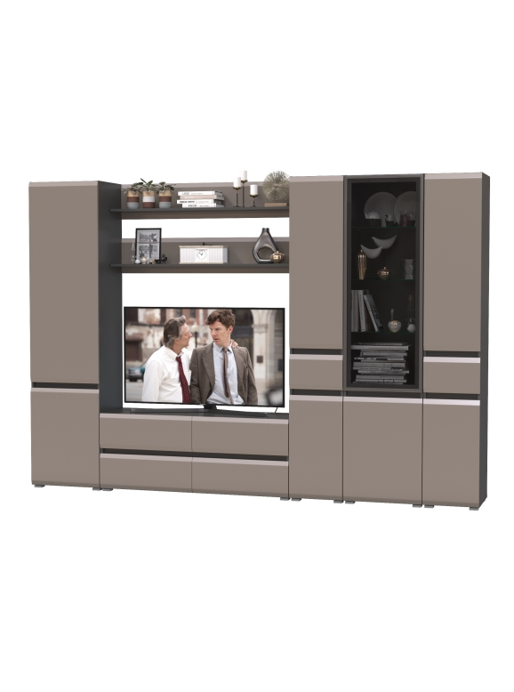 Сидней Комплектация № 065, цвет корпус: антрацит/фасады: МДФ веллюто капучино, ШхГхВ 299,9х41,3х205,2 см., ниша для ТВ 129х41х90 см., универс. сборка