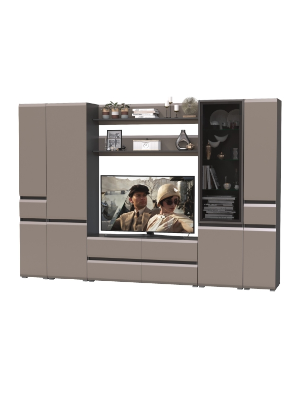 Сидней Комплектация № 066, цвет корпус: антрацит/фасады: МДФ веллюто капучино, ШхГхВ 299,9х41,3х205,2 см., ниша для ТВ 129х41х90 см., универс. сборка