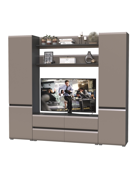 Сидней Комплектация № 067, цвет корпус: антрацит/фасады: МДФ веллюто капучино, ШхГхВ 229,9х41,3х205,2 см., ниша для ТВ 129х41х90 см., универс. сборка