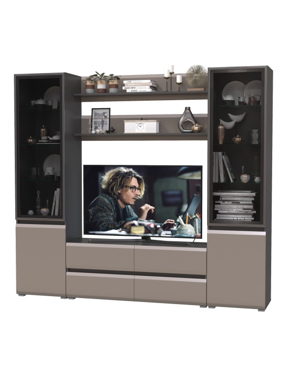 Сидней Комплектация № 068, цвет корпус: антрацит/фасады: МДФ веллюто капучино, ШхГхВ 229,9х41,3х205,2 см., ниша для ТВ 129х41х90 см., универс. сборка