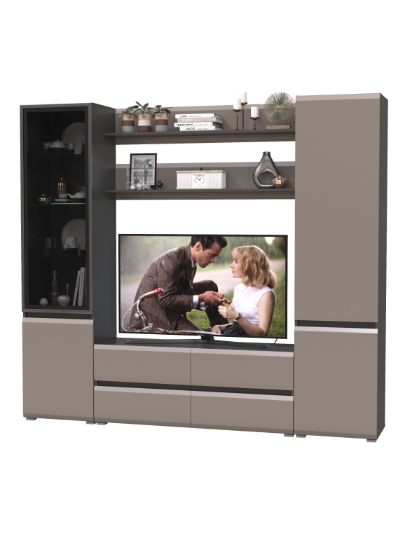 Сидней Комплектация № 069, цвет корпус: антрацит/фасады: МДФ веллюто капучино, ШхГхВ 229,9х41,3х205,2 см., ниша для ТВ 129х41х90 см., универс. сборка