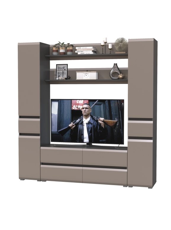 Сидней Комплектация № 070, цвет корпус: антрацит/фасады: МДФ веллюто капучино, ШхГхВ 199,9х41,3х205,2 см., ниша для ТВ 129х41х90 см., универс. сборка