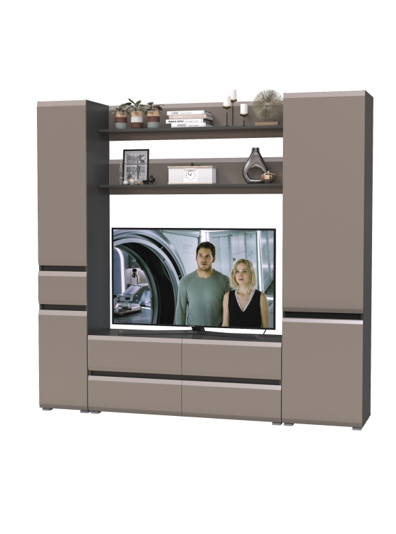 Сидней Комплектация № 071, цвет корпус: антрацит/фасады: МДФ веллюто капучино, ШхГхВ 214,9х41,3х205,2 см., ниша для ТВ 129х41х90 см., универс. сборка