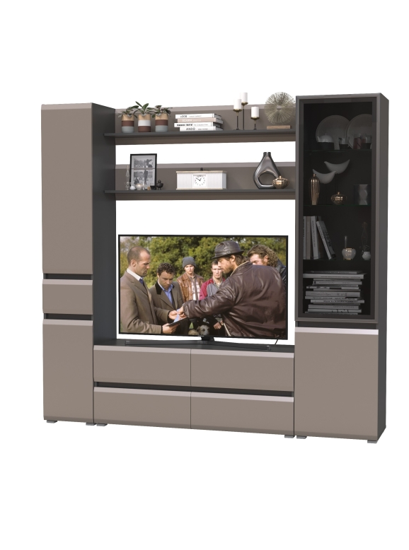 Сидней Комплектация № 072, цвет корпус: антрацит/фасады: МДФ веллюто капучино, ШхГхВ 214,9х41,3х205,2 см., ниша для ТВ 129х41х90 см., универс. сборка