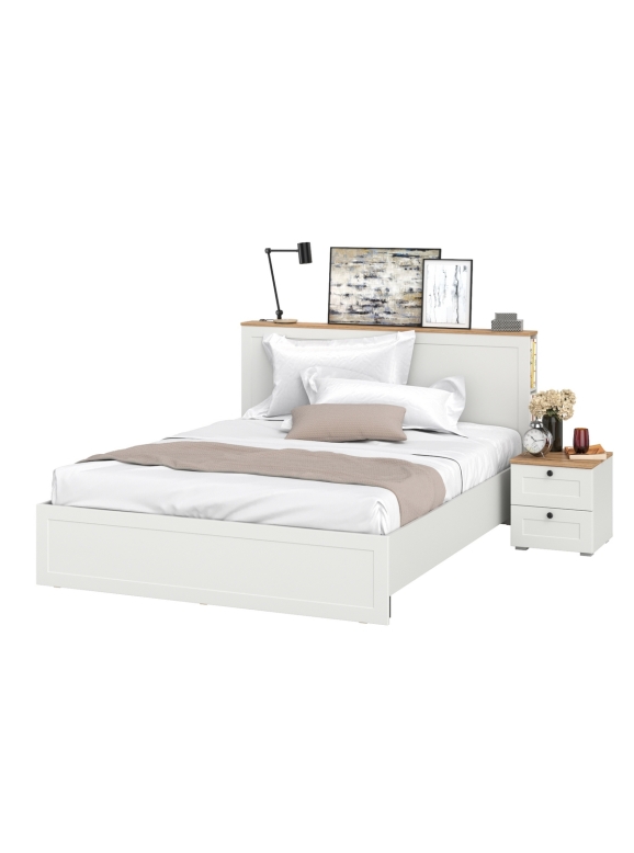 Остин 11.53 Кровать + ортопед + 16.152 Тумба прикроватная, цвет белый шагрень/дуб крафт золотой, ШхГхВ 205х217,2х99,3 см., сп. м. 1600х2000 мм, б/м