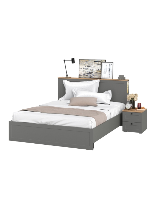 Остин 11.53 Кровать + ортопед + 16.152 Тумба прикроватная, цвет серый графит/дуб крафт золотой, ШхГхВ 205х217,2х99,3 см., сп. м. 1600х2000 мм, б/м